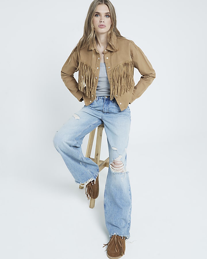 Brown Suede Fringed Clog Shoes