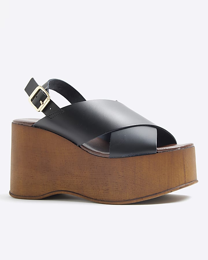 Black leather cross strap wedge sandals