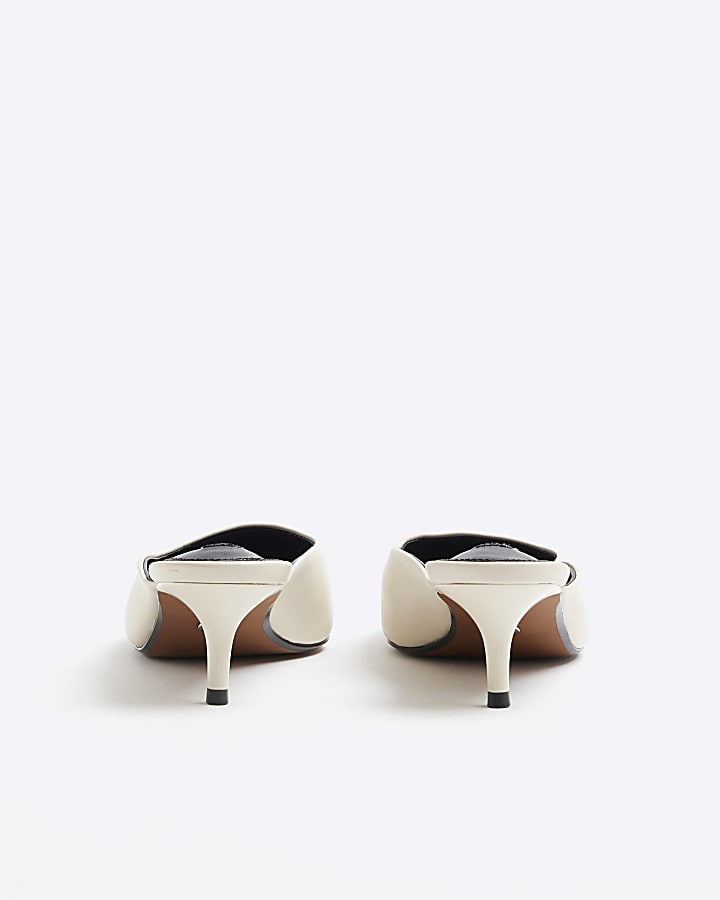 White Leather Toe Cap Mule Kitten Heel Shoes