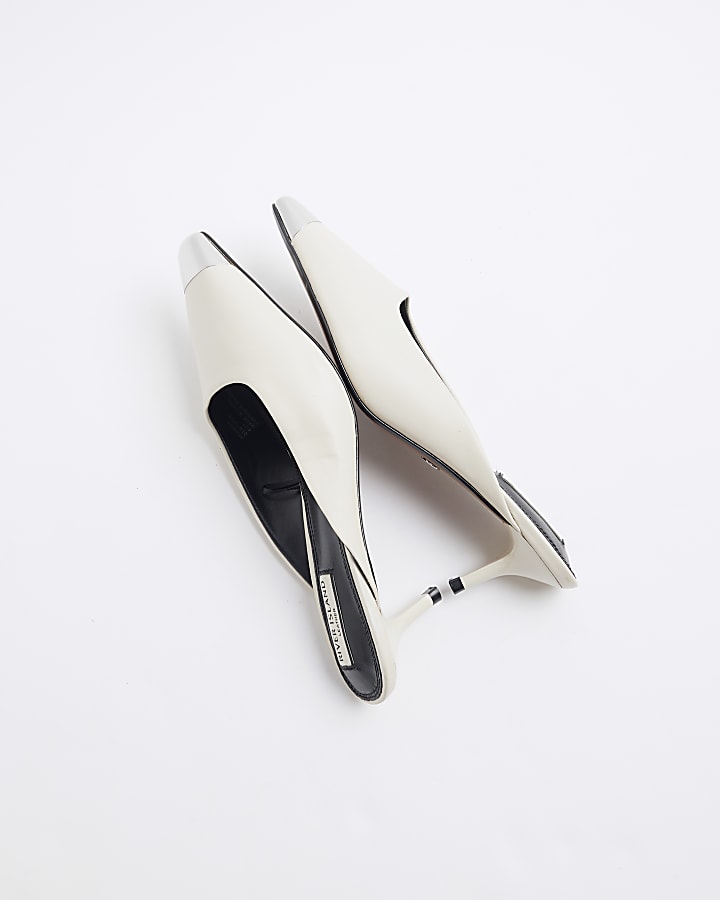 White Leather Toe Cap Mule Kitten Heel Shoes