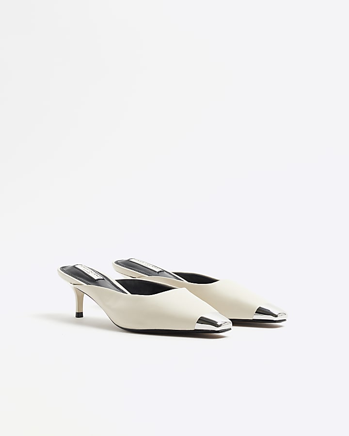 White Leather Toe Cap Mule Kitten Heel Shoes