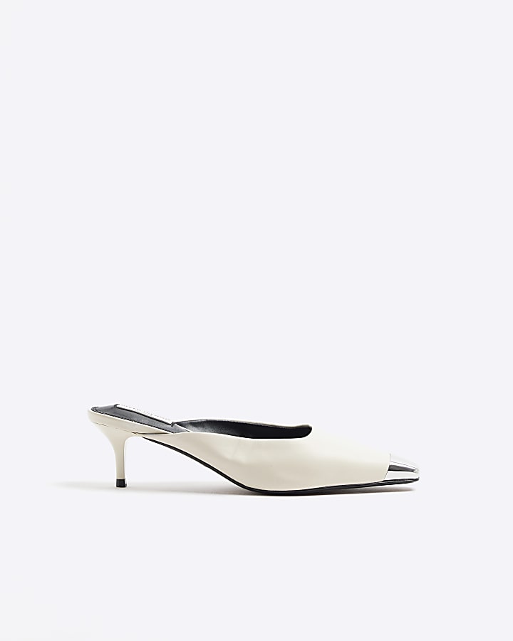 White Leather Toe Cap Mule Kitten Heel Shoes