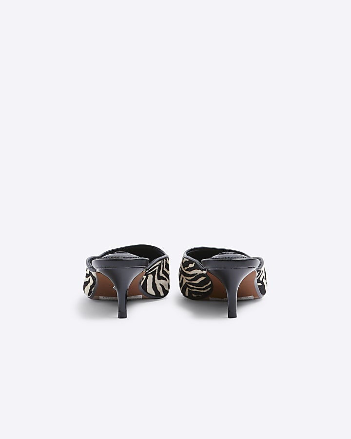 Black Leather Zebra kitten heeled mule shoes