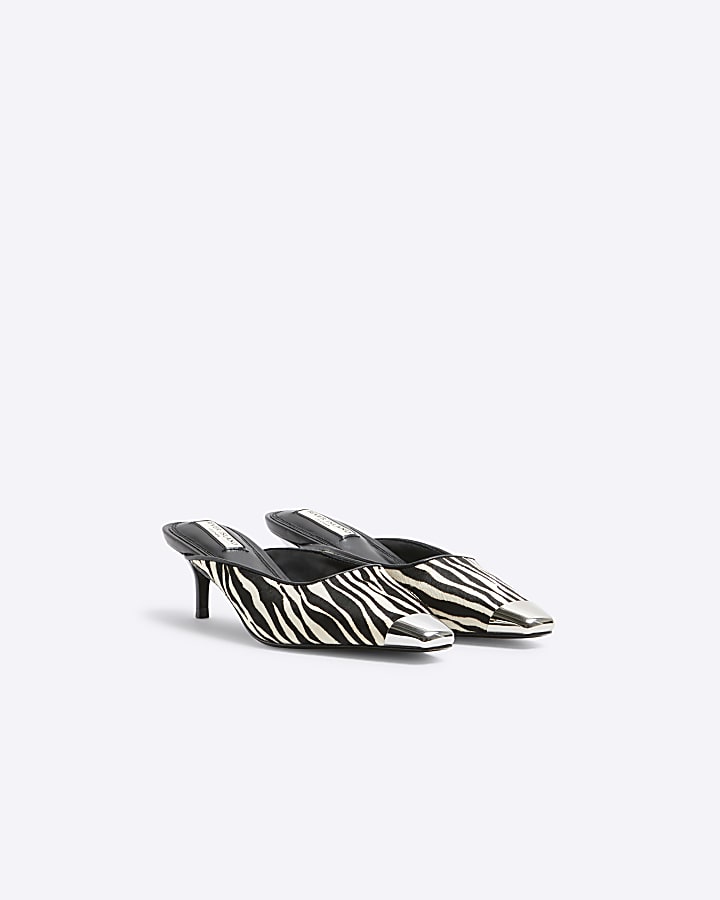 Black Leather Zebra kitten heeled mule shoes