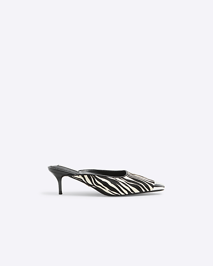 Black Leather Zebra kitten heeled mule shoes