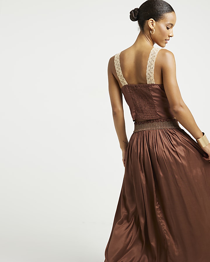 Brown satin shirred maxi skirt