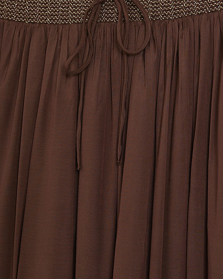 Brown satin shirred maxi skirt