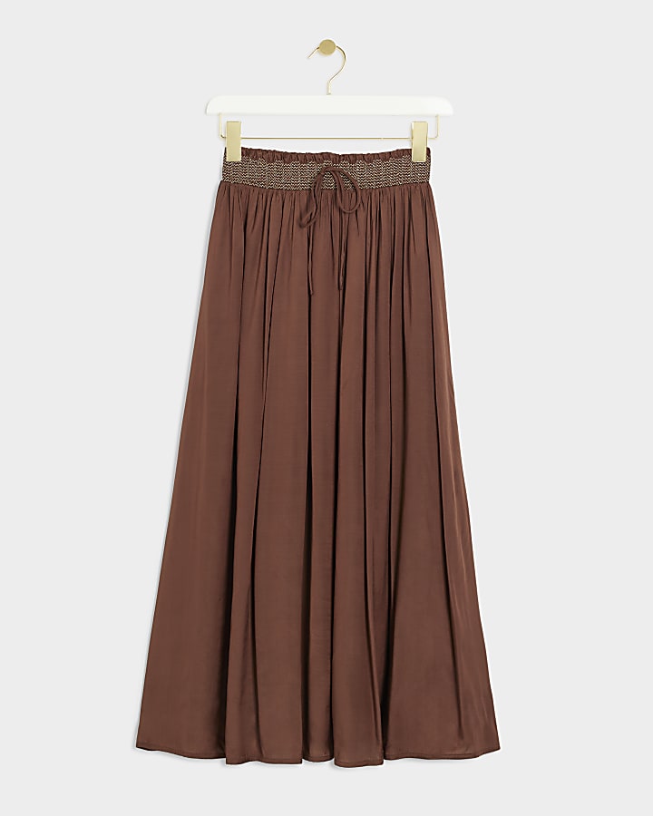 Brown satin shirred maxi skirt