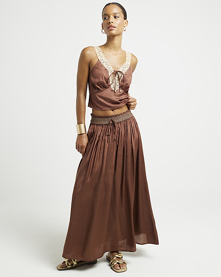 Brown satin shirred maxi skirt