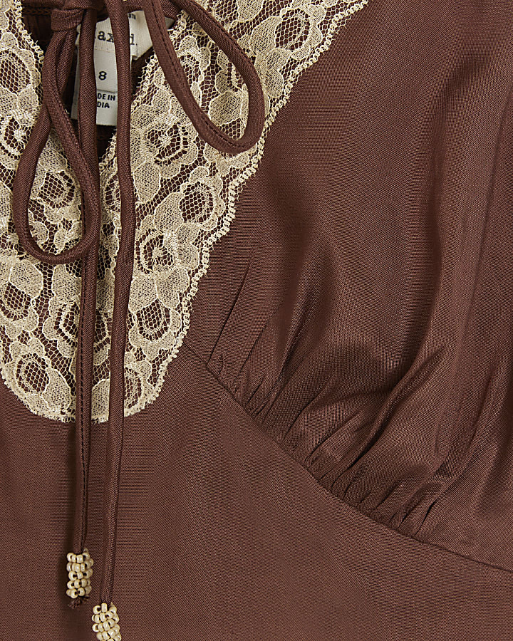 Brown satin lace trim top