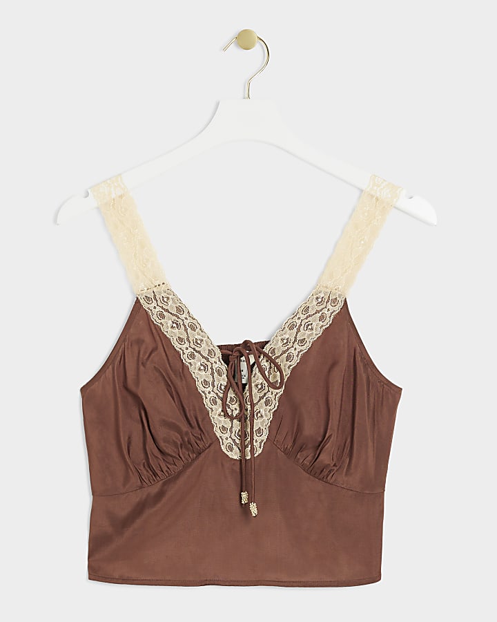 Brown satin lace trim top