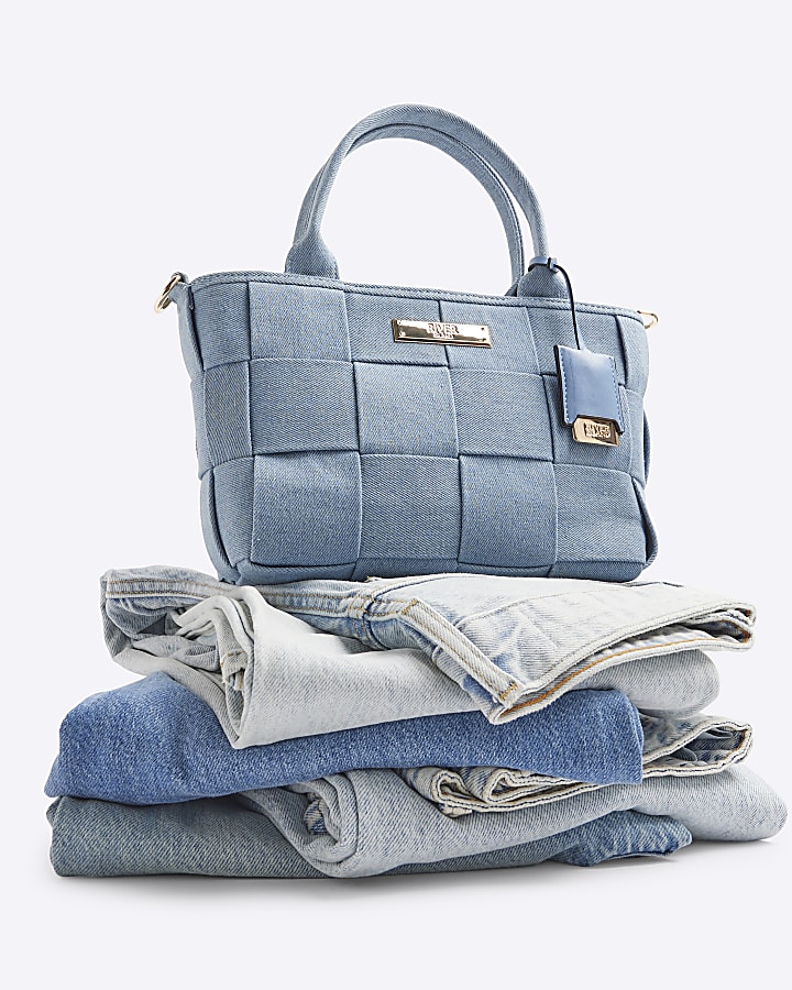 Blue Denim Chunky Weave Tote Bag