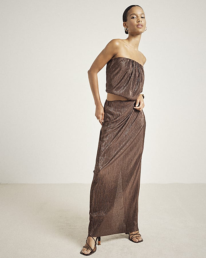 Brown Plisse Metallic Maxi Skirt