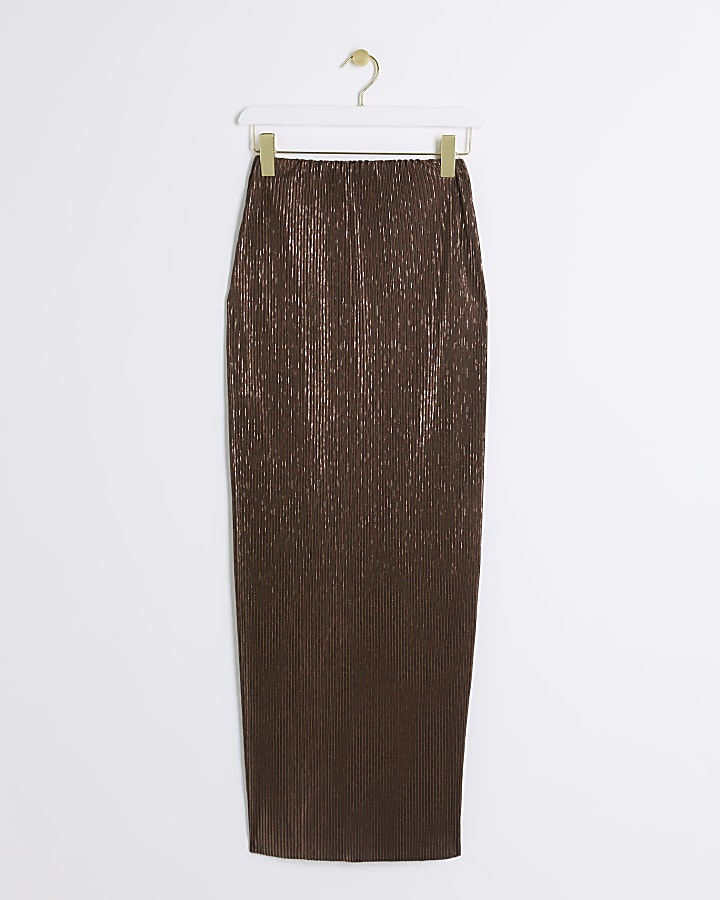 Brown Plisse Metallic Maxi Skirt