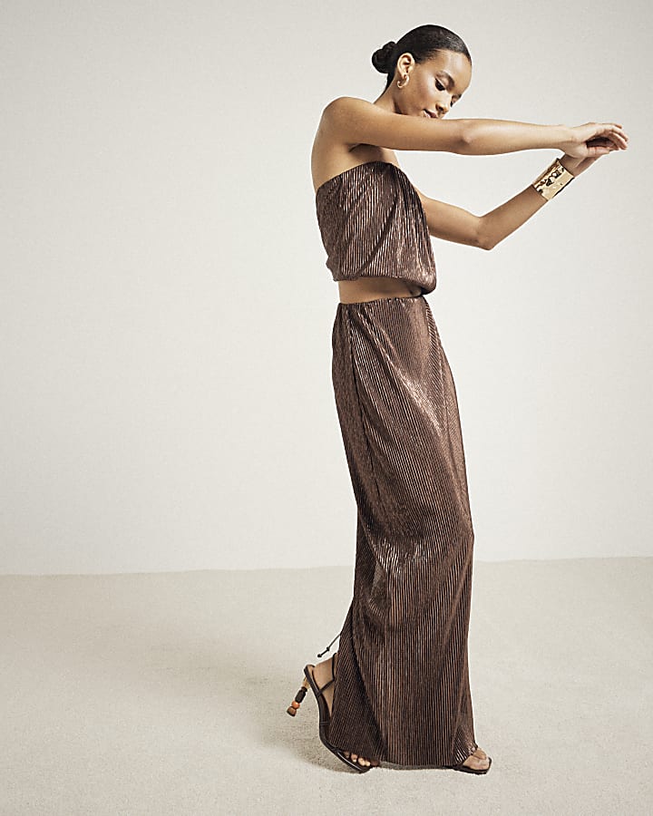 Brown Plisse Metallic Maxi Skirt