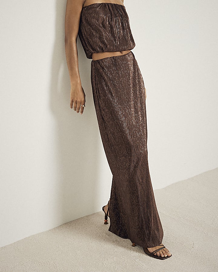 Brown Plisse Metallic Maxi Skirt