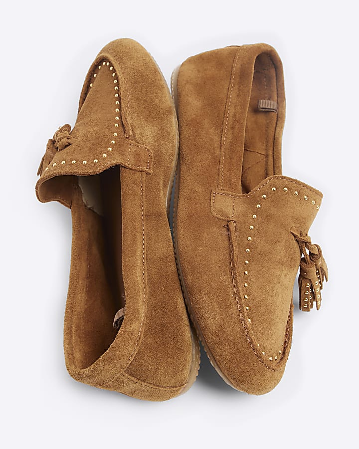 Brown suede studded loafers