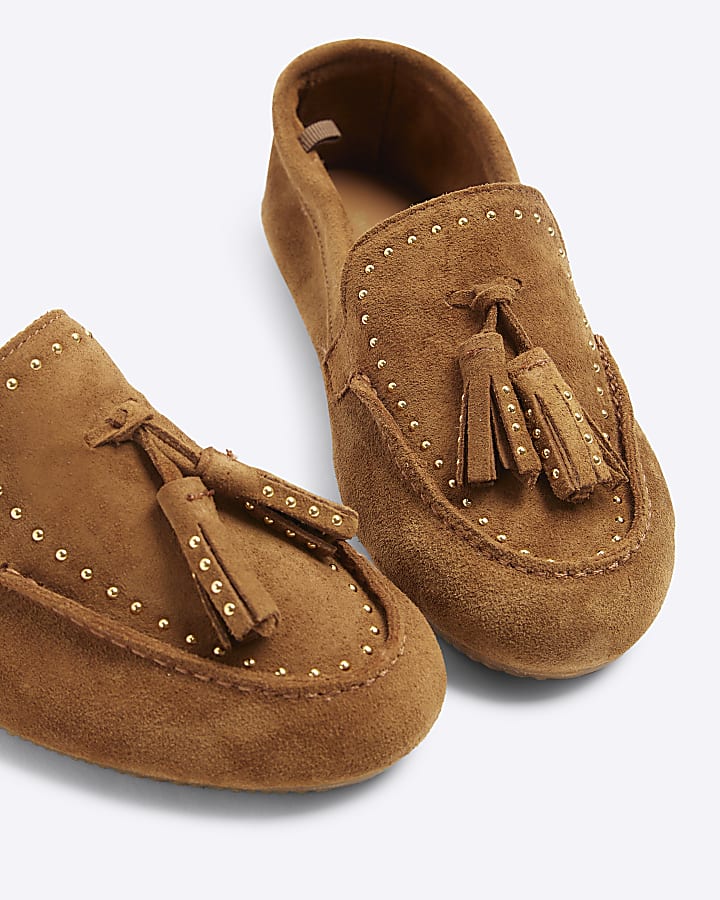 Brown suede studded loafers