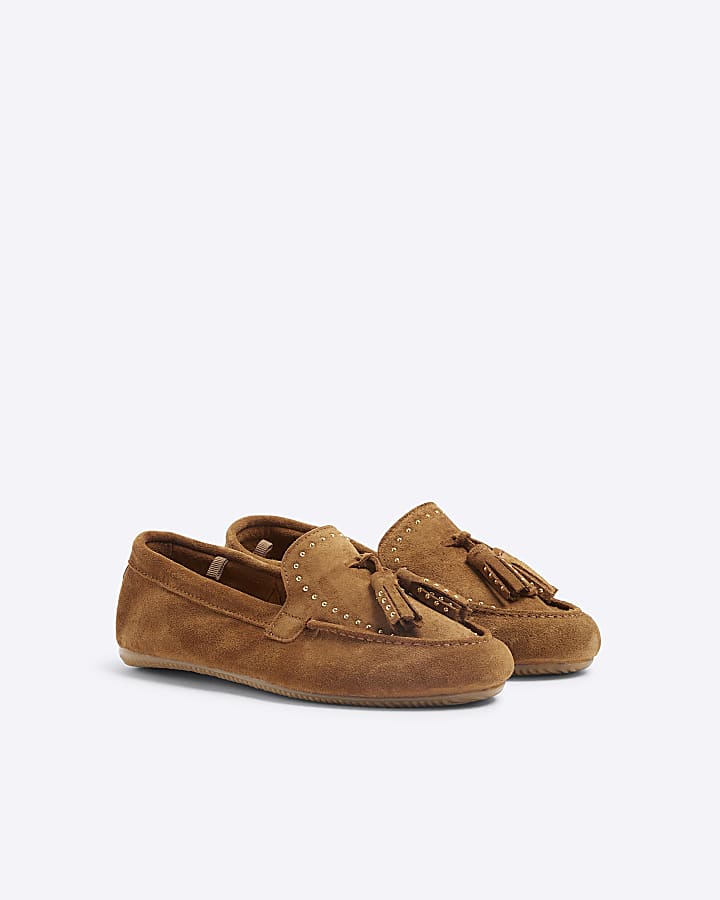 Brown suede studded loafers