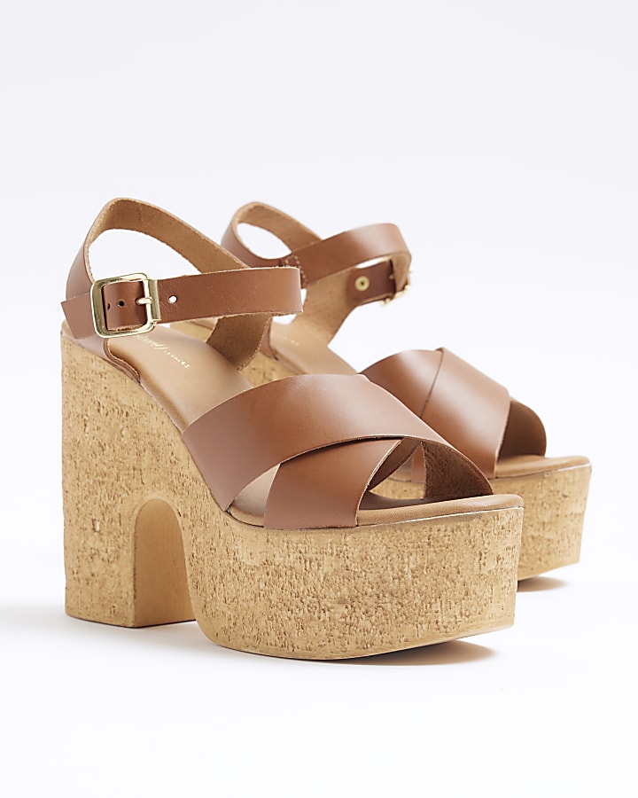 Brown leather platform heeled sandals