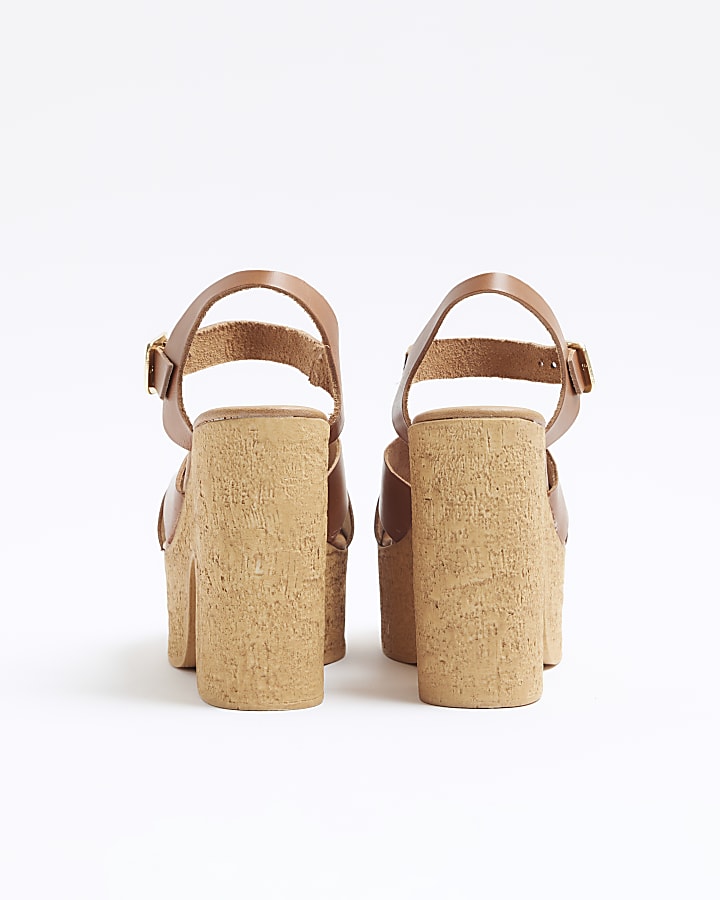 Brown leather platform heeled sandals