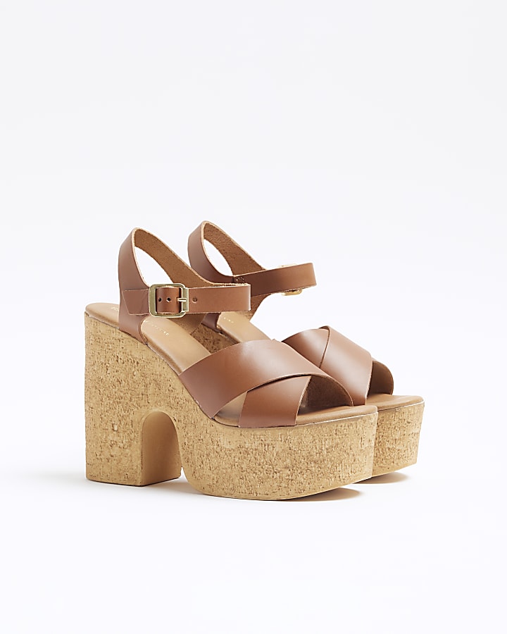 Brown leather platform heeled sandals