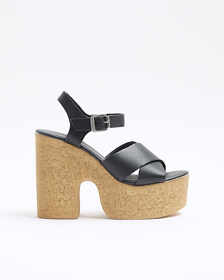 Black leather platform heeled sandals