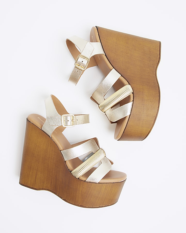 Gold leather strappy wedge sandals