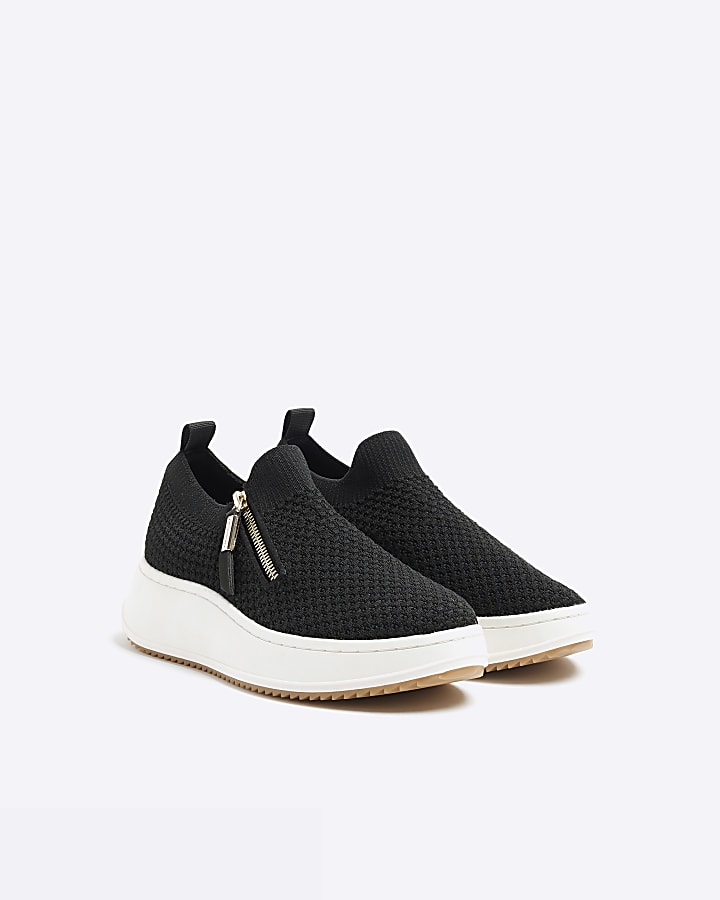Black wide fit knitted wedge trainers