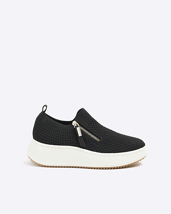 Black wide fit knitted wedge trainers River Island