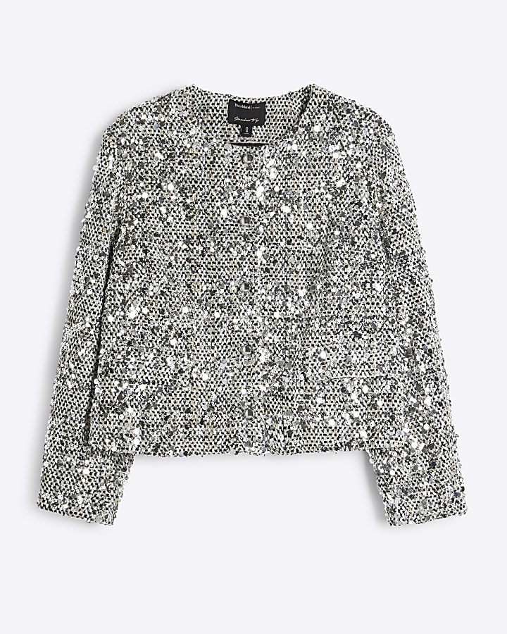 Plus Silver Sequin Collarless Jacket