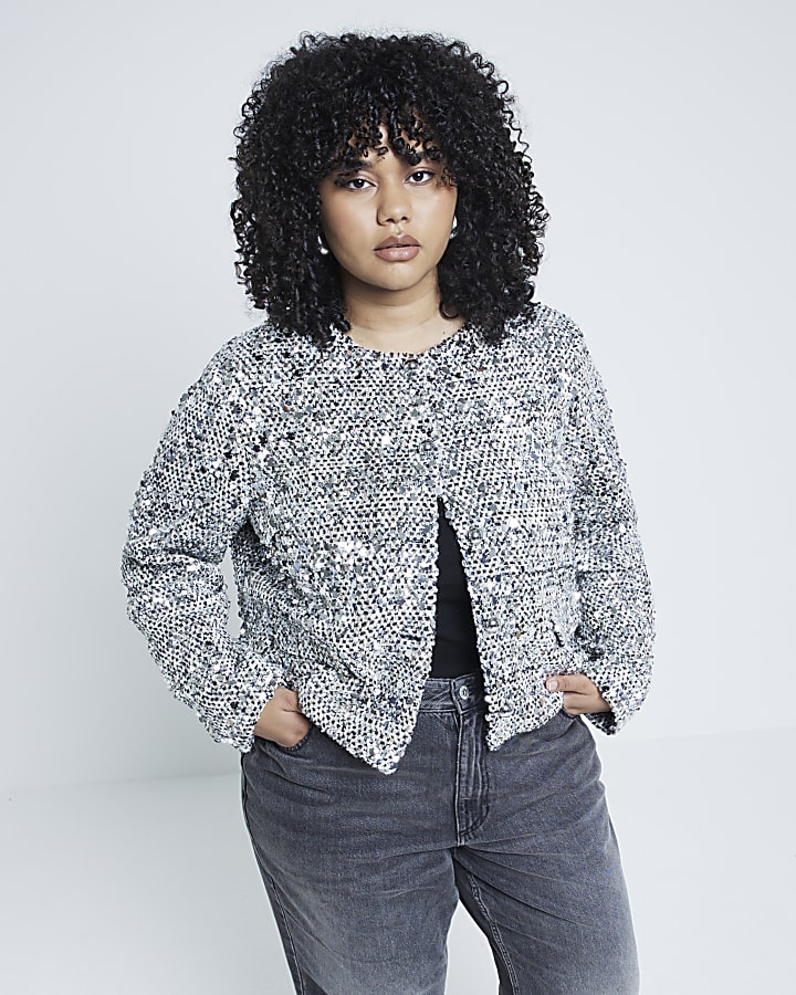 Plus Silver Sequin Collarless Jacket