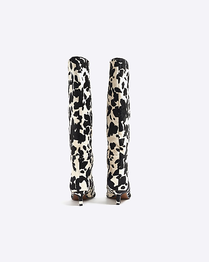 White Cow Print Leather Knee High Boots