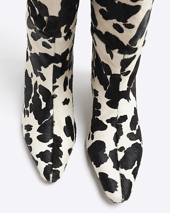 White Cow Print Leather Knee High Boots