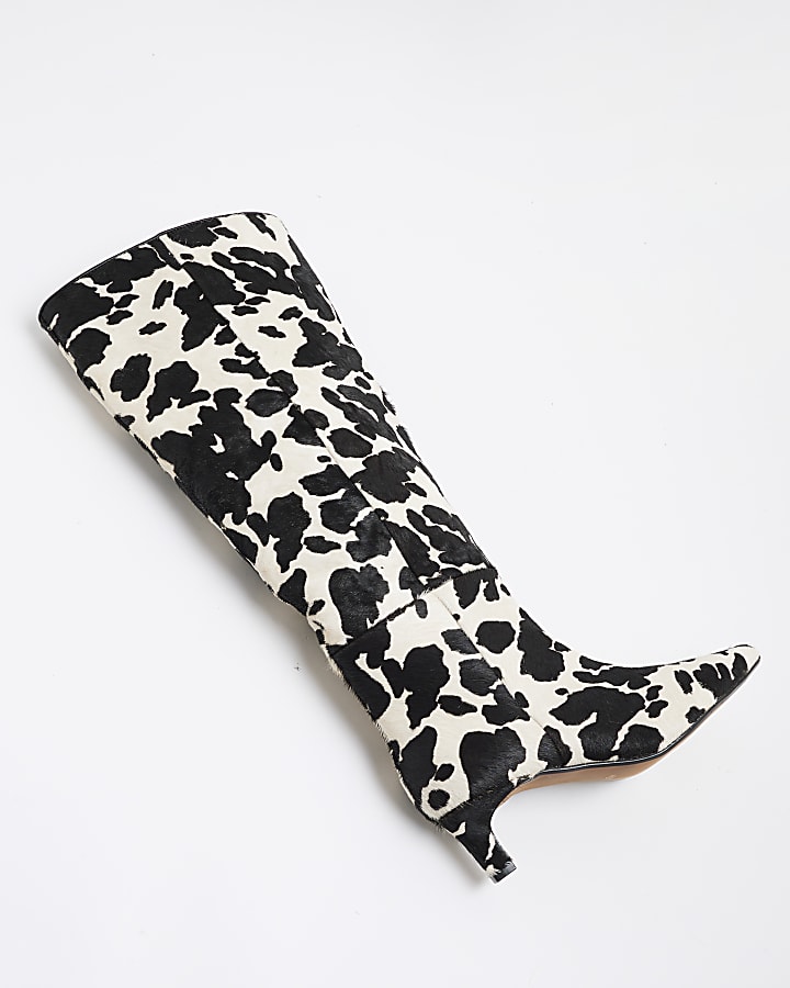 White Cow Print Leather Knee High Boots