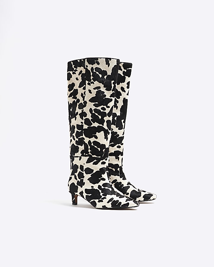 White Cow Print Leather Knee High Boots