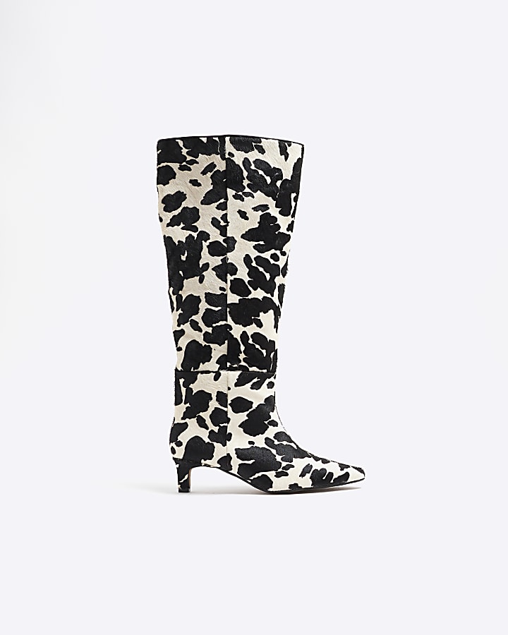 White Cow Print Leather Knee High Boots