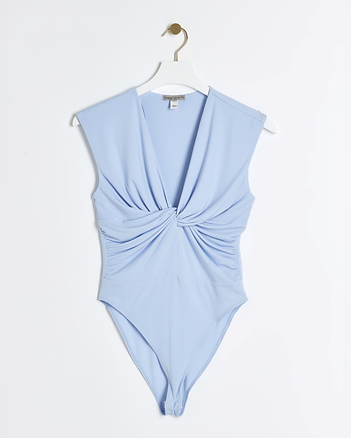 Blue Twist Front Drape Bodysuit