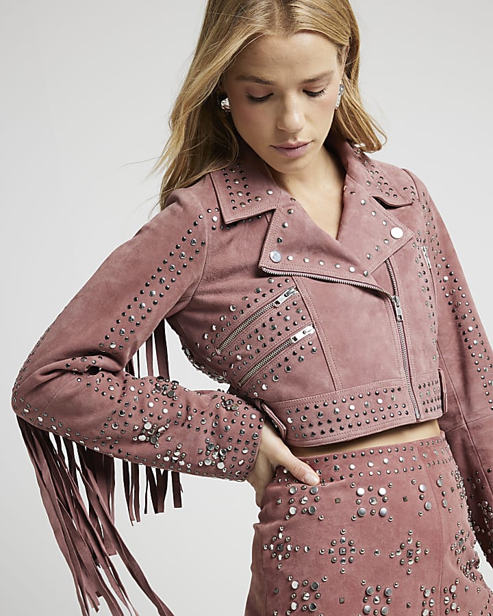 Pink suede studded biker jacket