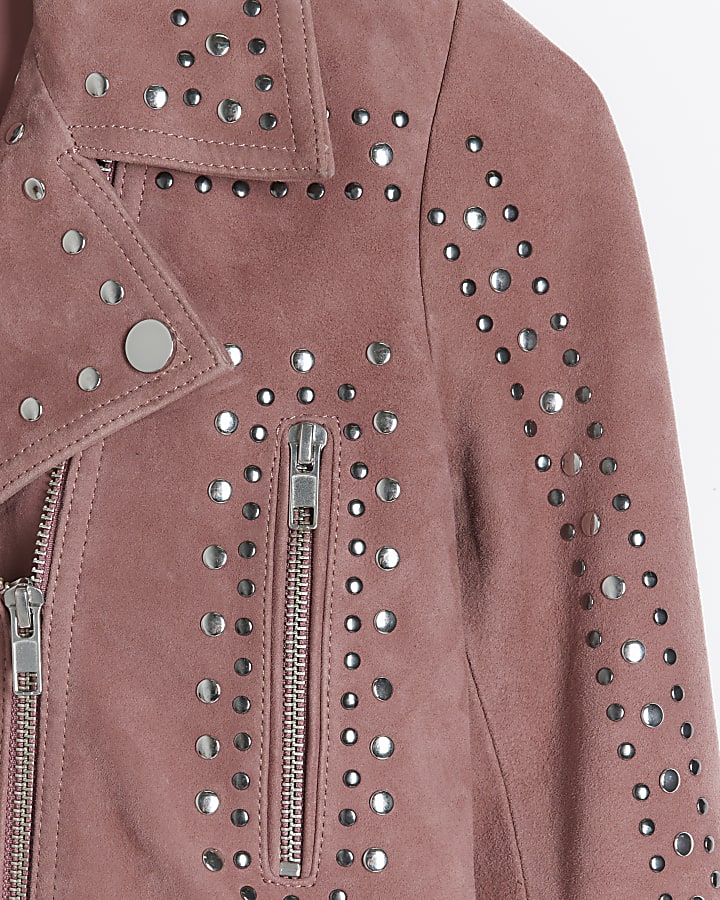 Pink suede studded biker jacket