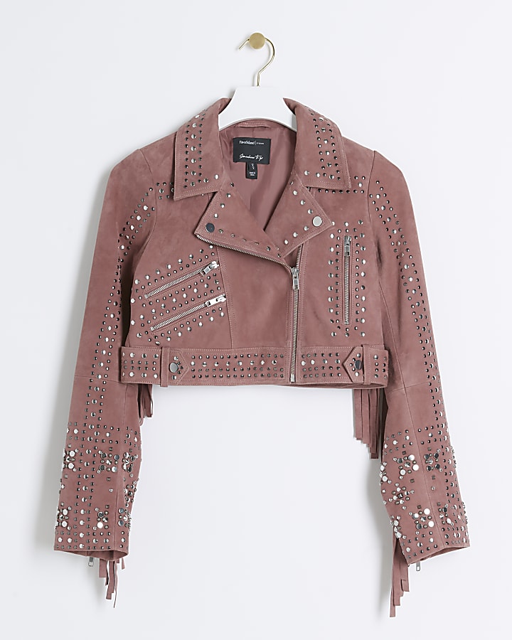 Pink suede studded biker jacket