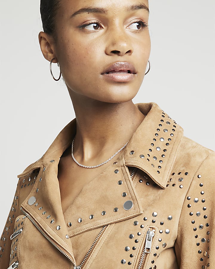 Brown suede studded biker jacket