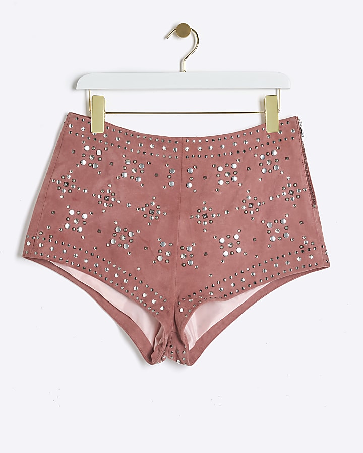 Pink suede studded shorts