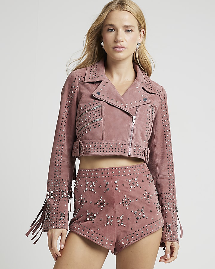 Pink suede studded shorts
