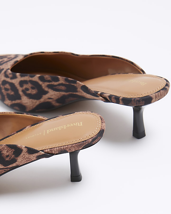 Brown leopard print kitten heeled mule shoes