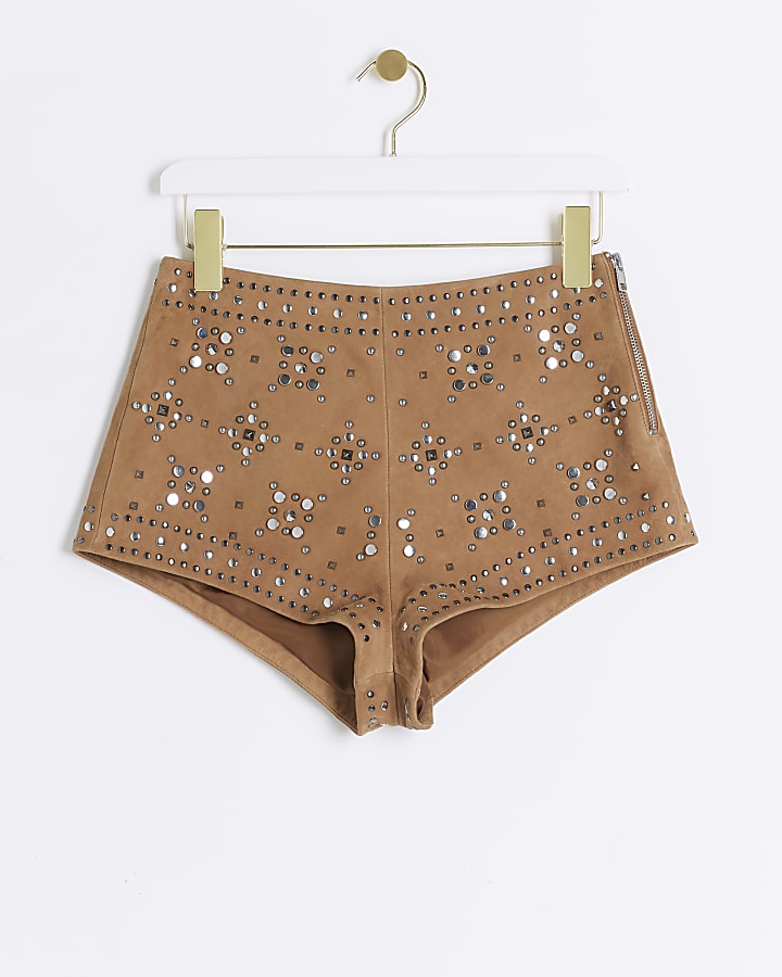 Brown suede studded shorts