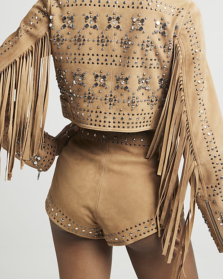 Brown suede studded shorts