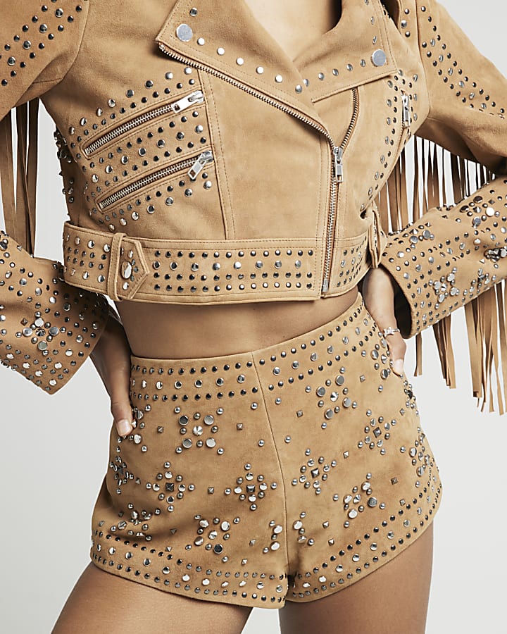 Brown suede studded shorts