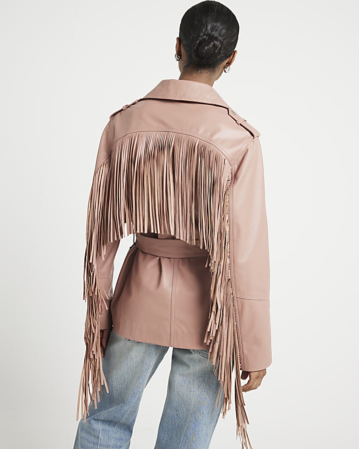 Pink Leather Tassel Belted Jacket