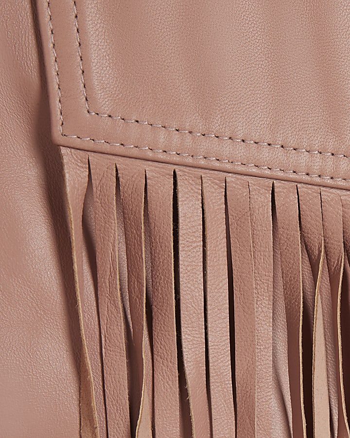 Pink Leather Tassel Belted Jacket